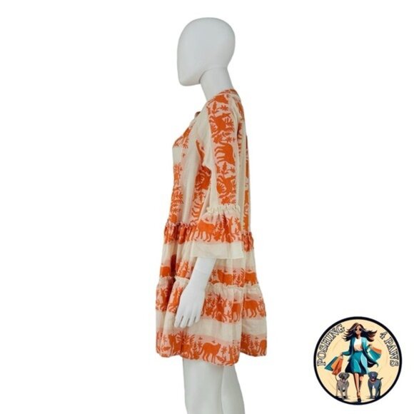 Tuckernuck NEW Kasia Ecru Clio Ruffle Mini Dress in Orange and Ivory Size XS - Picture 4 of 10